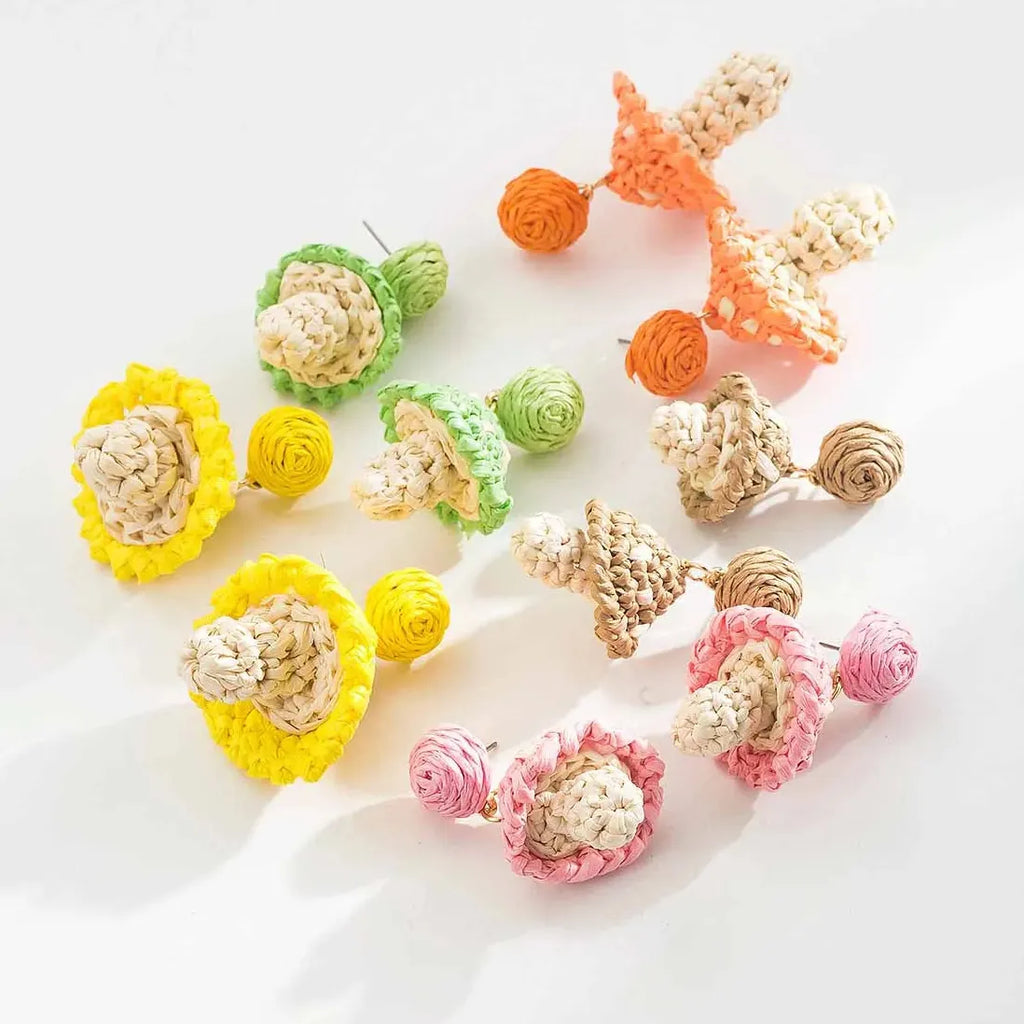 Lafite Grass Woven Mushroom Stud Earrings for Women Bohemian Summer Jewelry