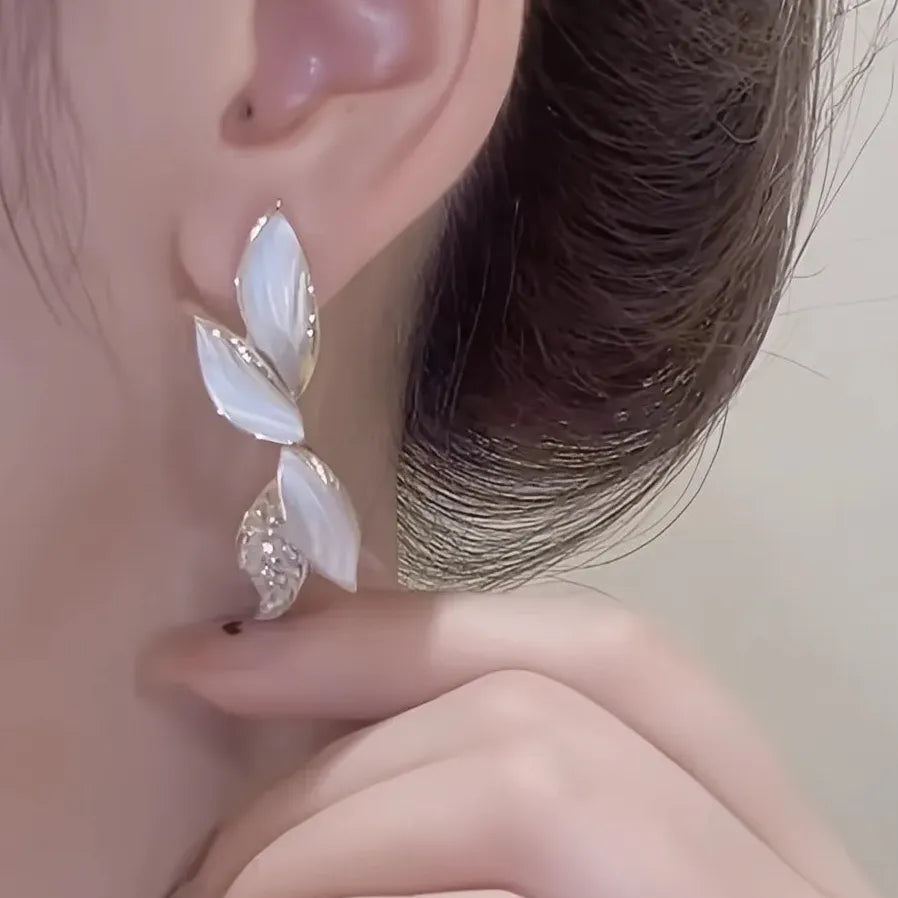 Korean White Leaf Gold Geometric Drop Earrings with Cubic Zirconia