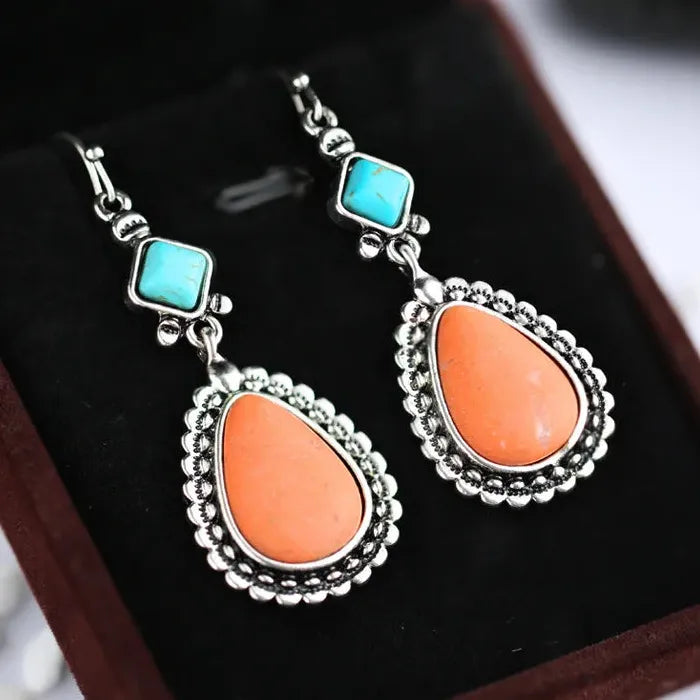 Retro Silver Water Drop Earrings Long Resin Zinc Alloy Women's Jewelry