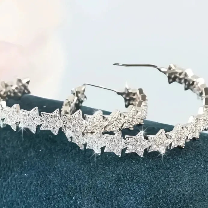 Silver Star Hoop Earrings for Women Girls Wedding Party Jewelry Sparkle