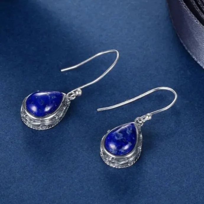 Vintage Silver Retro Pattern Water Drop Zinc Alloy Dangle Earrings for Women