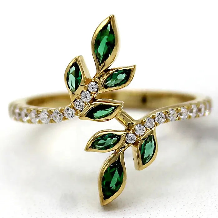 Zirconia Leaf Design Brass Ring for Women Engagement Jewelry Gift