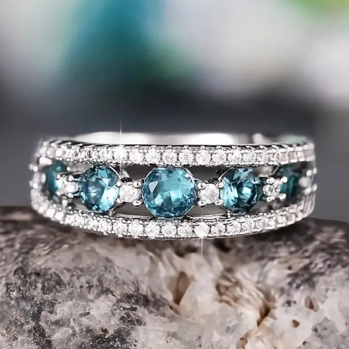 Blue White Cubic Zirconia Geometric Brass Wedding Band Ring for Women