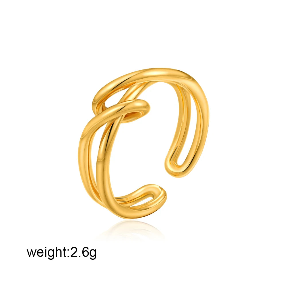 Vintage Gold Plated Stainless Steel Hollow Double-Layer Twisted Rope Knot Ring for Women