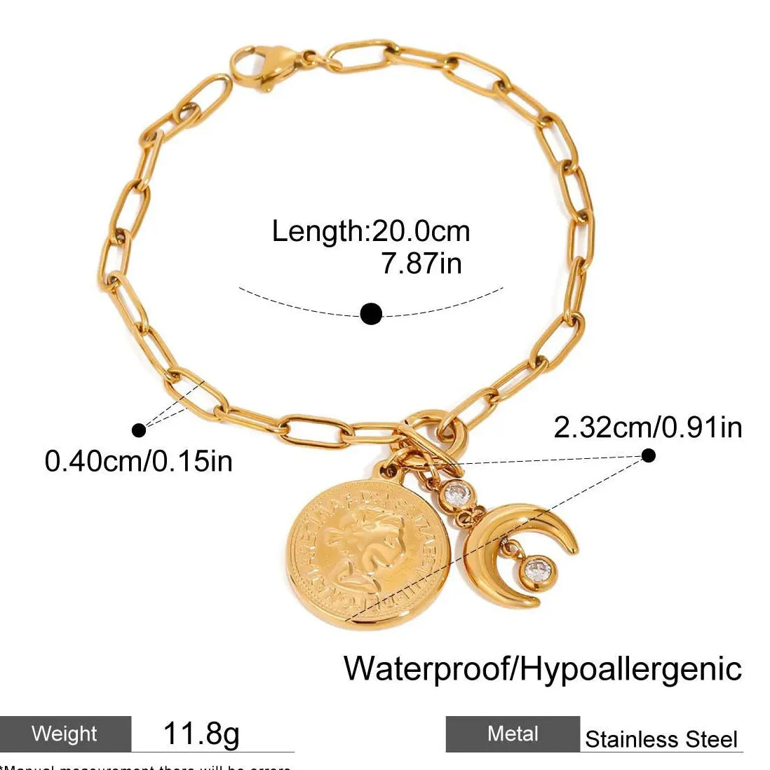 Punk Stainless Steel Moon Pendant Pearl Zircon Bracelet Bangle Women Gift