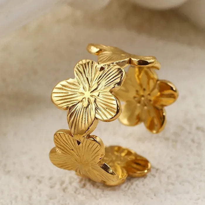 Adjustable Gold Color Stainless Steel Flower Ring Women Geometric Jewelry