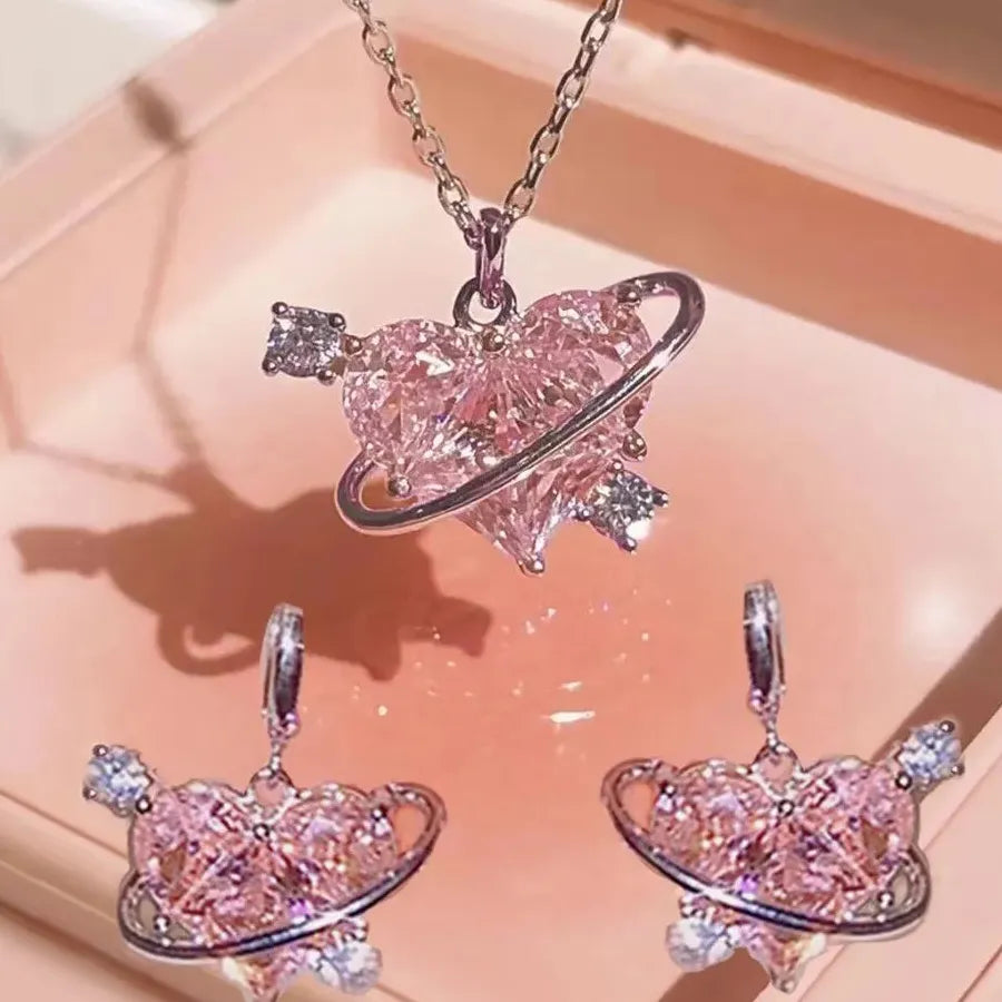 Pink Heart Crystal Necklace & Earrings Set Zinc Alloy Kpop Jewelry Gift