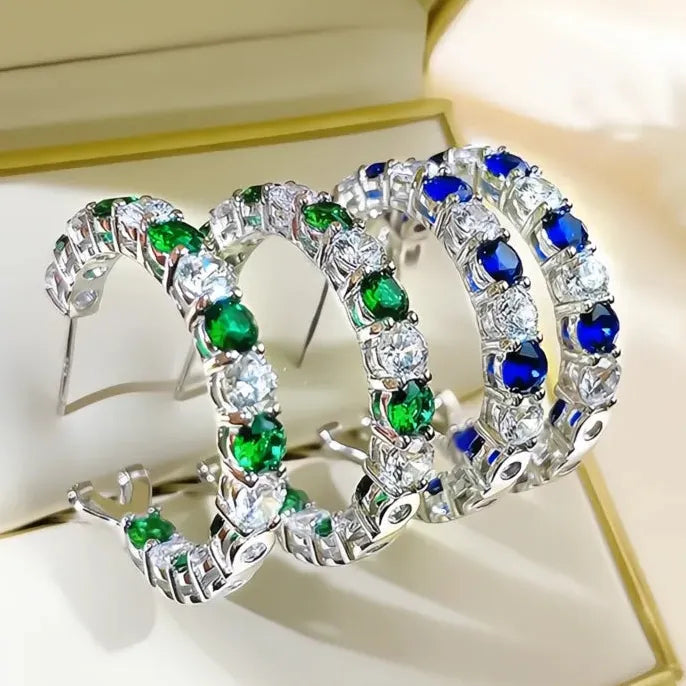 Geometric Hoop Earrings with Green Blue Cubic Zirconia in Copper Alloy