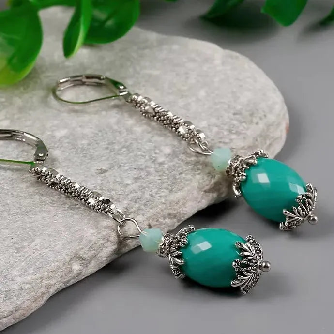 Vintage Geometric Blue Gemstone Drop Earrings Silver Zinc Alloy Leaves Jewelry Women