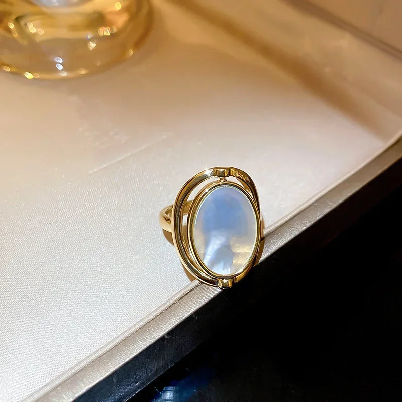 Rotatable Double Sided Opal Ring Women Stainless Steel Geometric Statement Jewelry