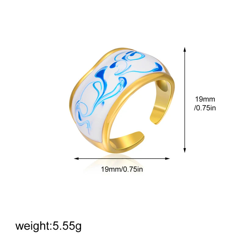 18k Gold Plated Stainless Steel Blue White Porcelain Waterdrop Dome Ring Geometric