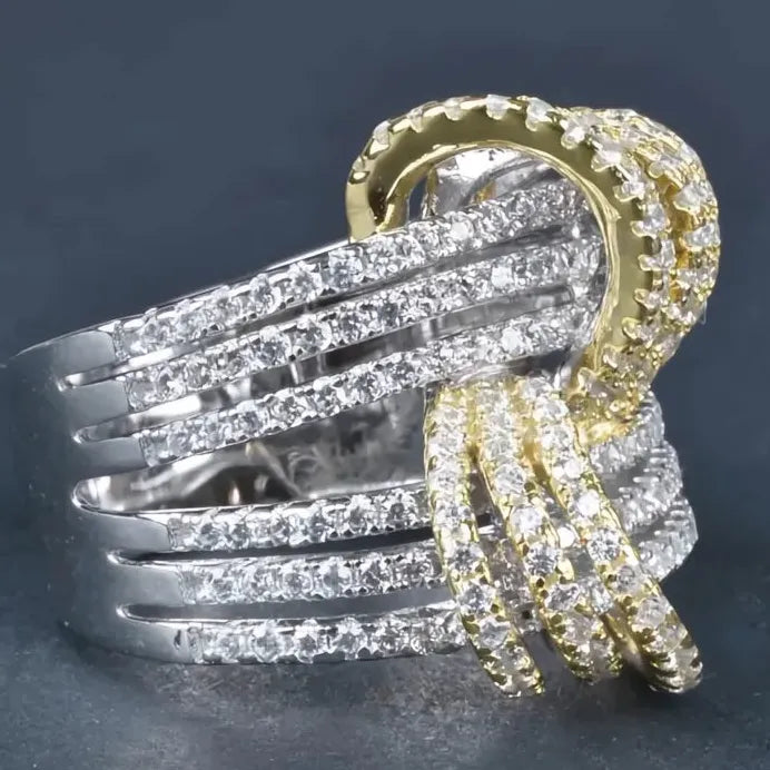 Elegant Two-Tone Geometric Finger Ring with Cubic Zirconia for Women