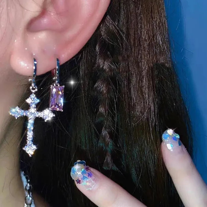 Korean Zircon Crystal Cross Drop Earrings Women Gothic Punk Hip Hop Jewelry