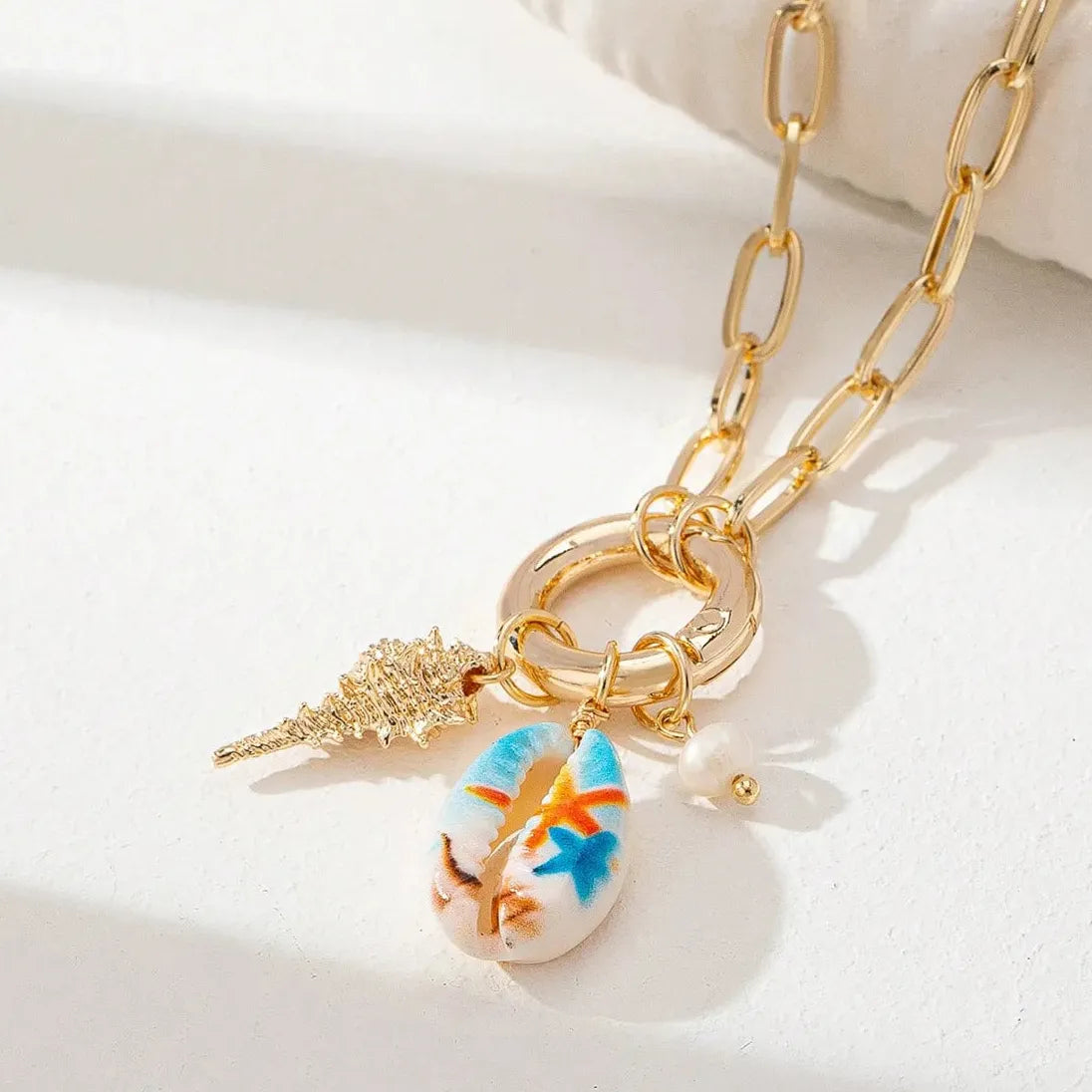 Stainless Steel Bohemia Sea Charm Pendant Necklace Shell Starfish Pearl Choker Jewelry