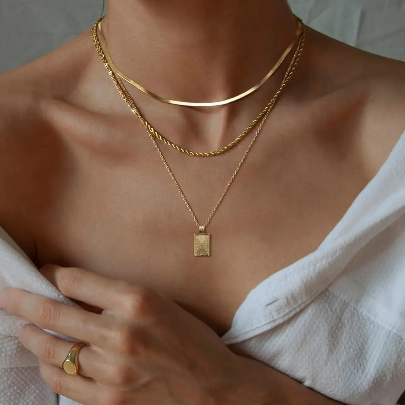 Three Layer Stainless Steel Chain Necklace for Women Square Pendant Choker Geometric Design