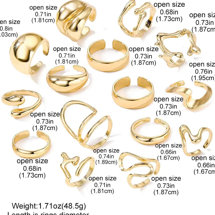 15Pcs Metal Water Droplet Rings Punk Retro Boho Jewelry Gift Set