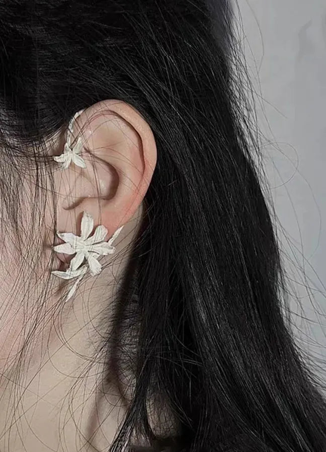 Vintage White Lily Copper Earrings Retro Plant Studs Jewelry Gift for Women