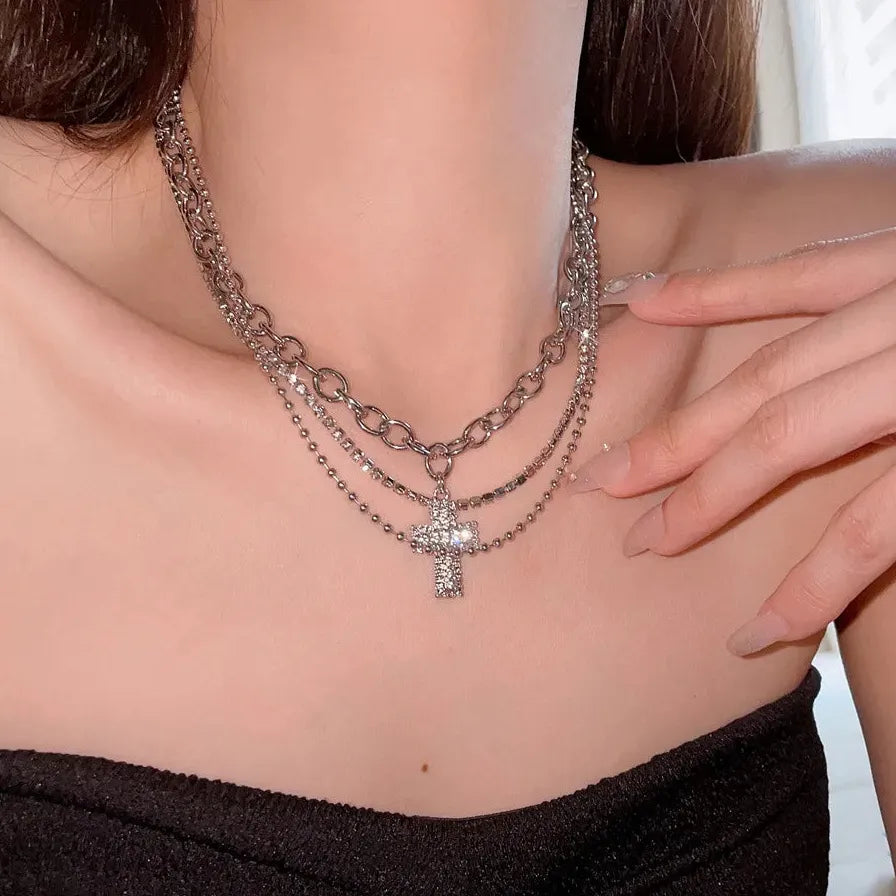 Punk Zircon Cross Pendant Necklace Gothic Jewelry for Men Women Stylish