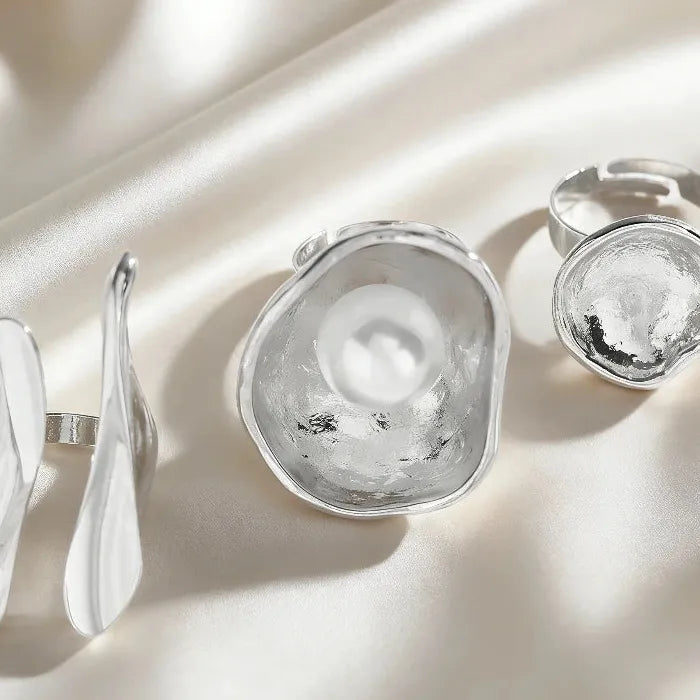 Pearl Geometric Layered Trumpet Flower Rings Set for Women Fashion Jewelry