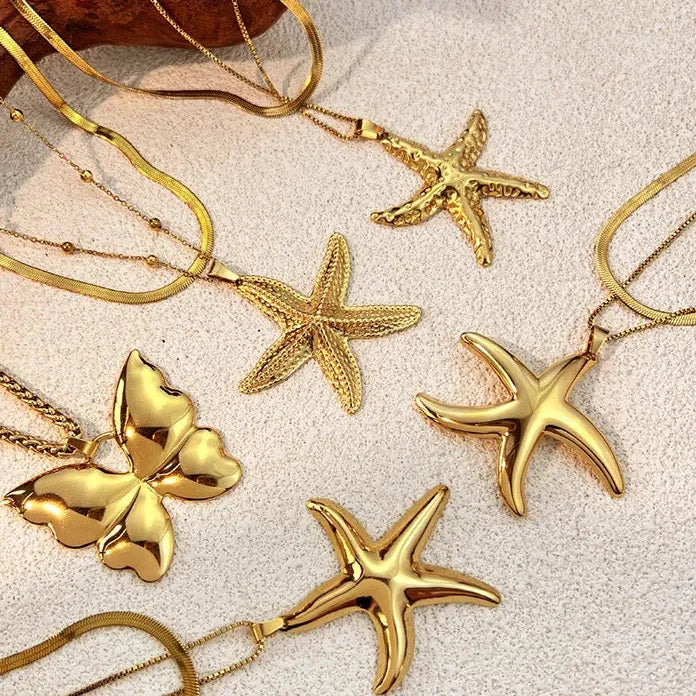 Retro Starfish Butterfly Pendants Polished Metal PVD Hypoallergenic Snake Chain Necklace