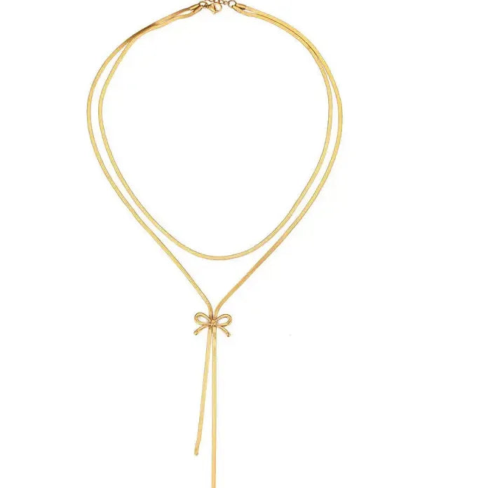 French Style Retro Minimalist Bow Necklace for Women Stainless Steel Pendant Jewelry