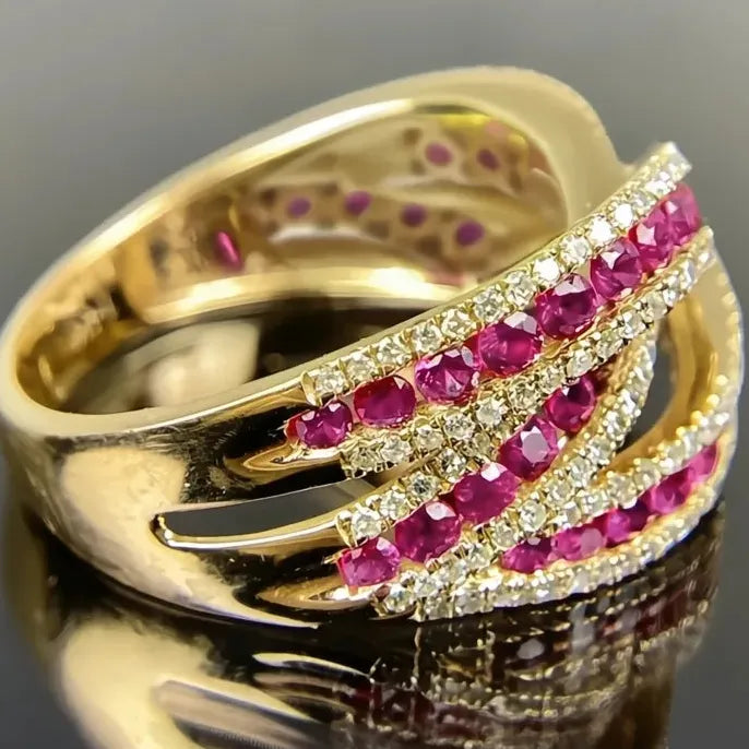 Gold Brass Geometric Cross Cocktail Ring with Cubic Zirconia for Women