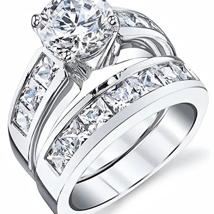 2Pcs Round & Princess Cubic Zirconia Bridal Rings Set Women Wedding Jewelry Brass