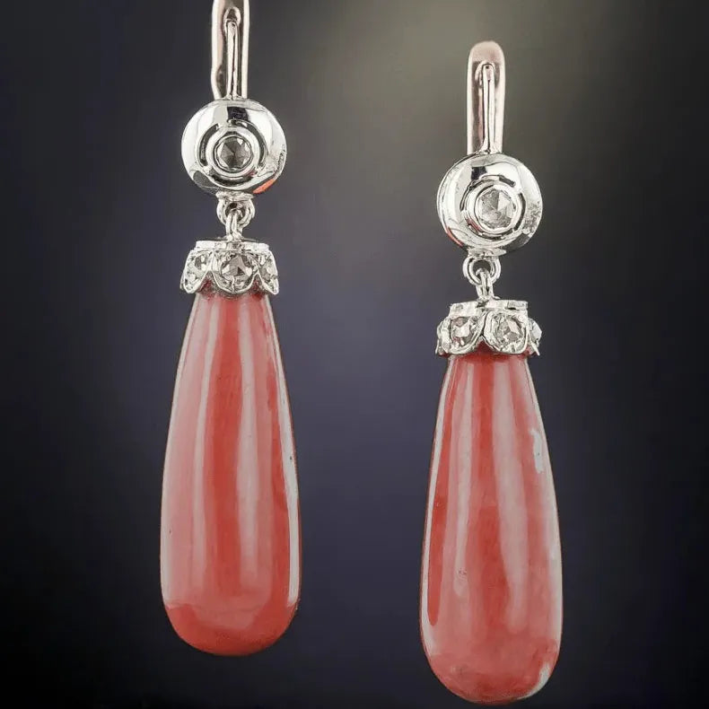 Vintage Copper Drop Earrings with Sparkling Zircon Red Coral Stone for Women