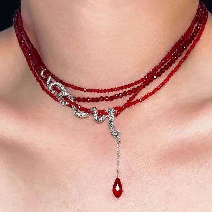 Acrylic Gothic Snake Pendant Necklace for Men Women Punk Red Crystal Beads