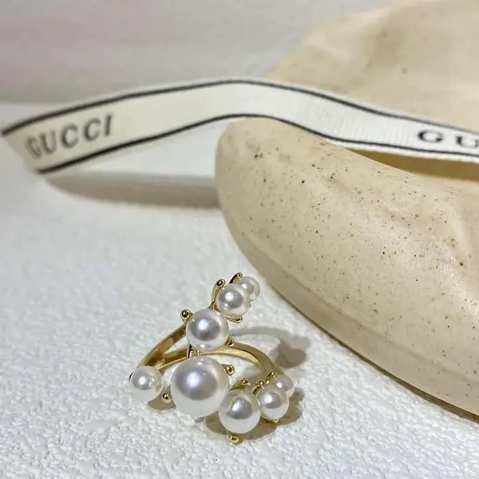 Adjustable Vintage White Pearl Double Layer Geometric Crystal Mood Tracker Ring for Women