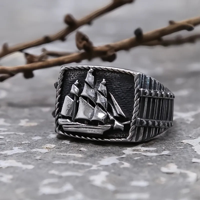 Men's Viking Pirate Sailboat Ring Stainless Steel Biker Gothic Lucky Amulet Jewelry Vintage