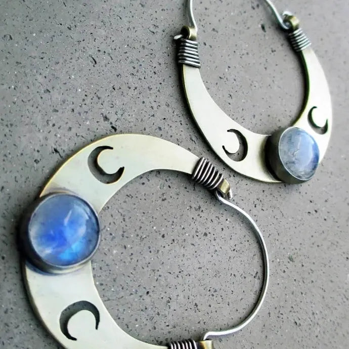 Bohemian Moon Shaped Inlaid Moonstone Earrings for Women Zinc Alloy