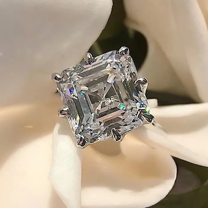 Square Cubic Zirconia Crystal Wedding Engagement Ring for Women Silver Tone