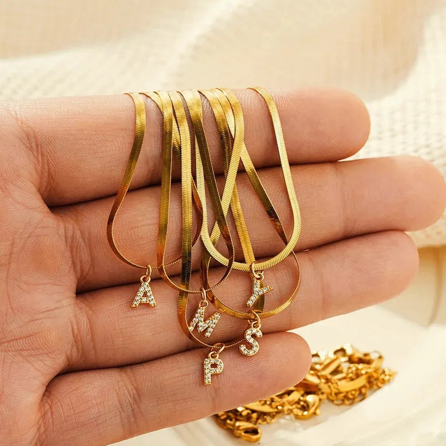 Stainless Steel Zircon Letter Pendant Necklace Flat Snake Chain Choker