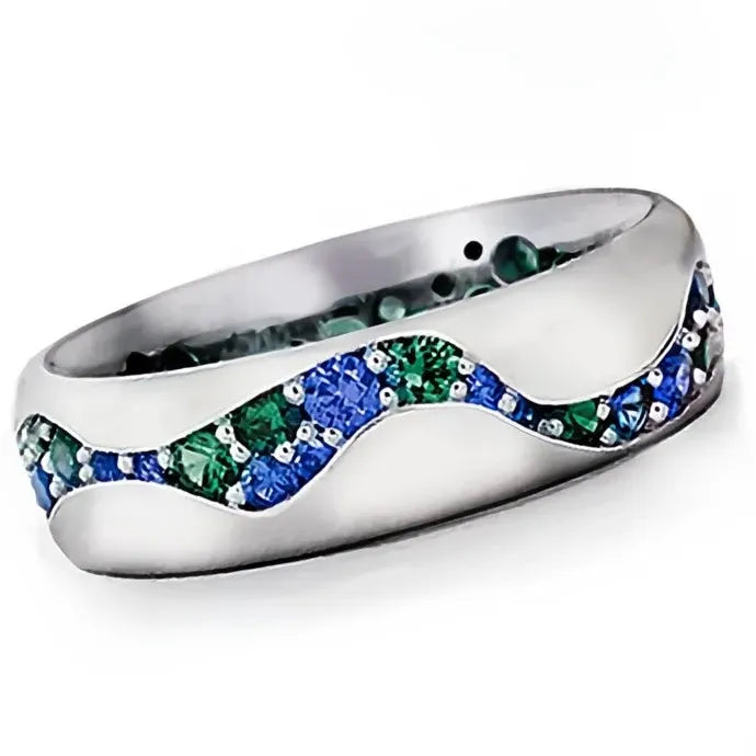 Silver Green Blue CZ Geometric Brass Band Ring for Women Stylish Jewelry