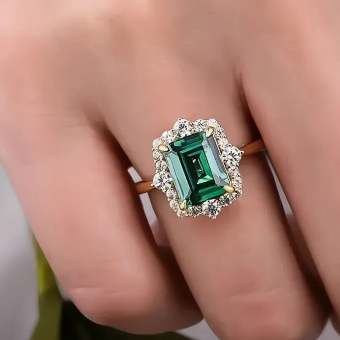 Luxury Green Square Cubic Zirconia Brass Wedding Band for Women Geometric Ring