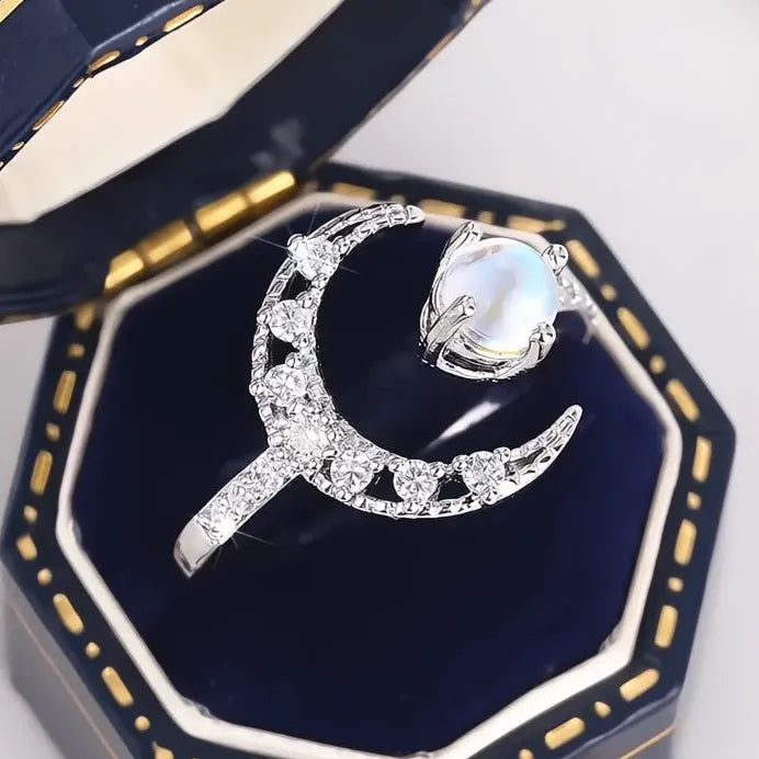Delicate Adjustable Moon Ring with Simulated Opal & Cubic Zirconia Sparkle