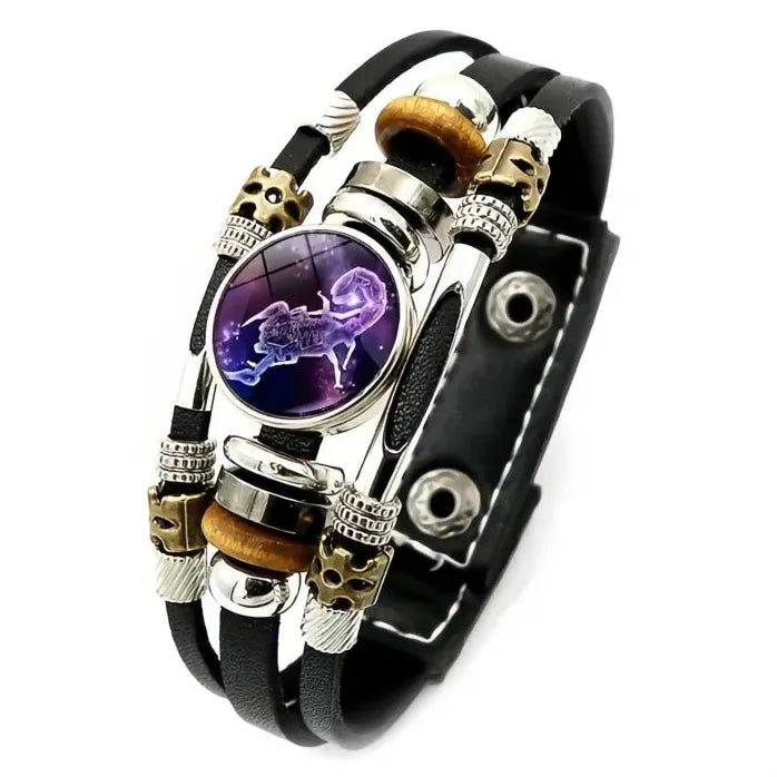 12 Constellation Zodiac Leather Bracelet with Glass Snap Button Unisex