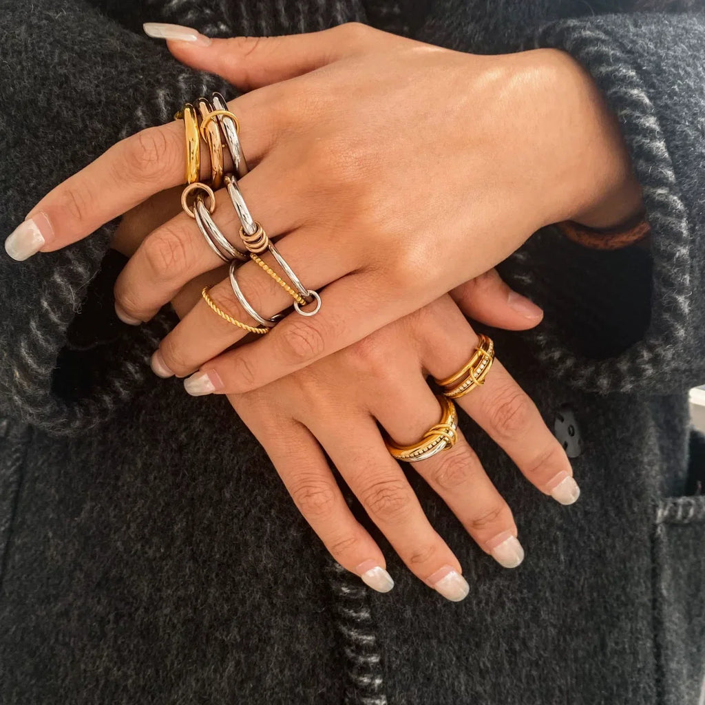 Stackable Two-Color Multilayer Four-Ring Stainless Steel CZ Zircon Jewelry Set Hypoallergenic