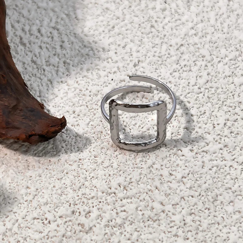 18k Gold Plated Punk Geometric Irregular Ripple Wide Hollow Square Ring