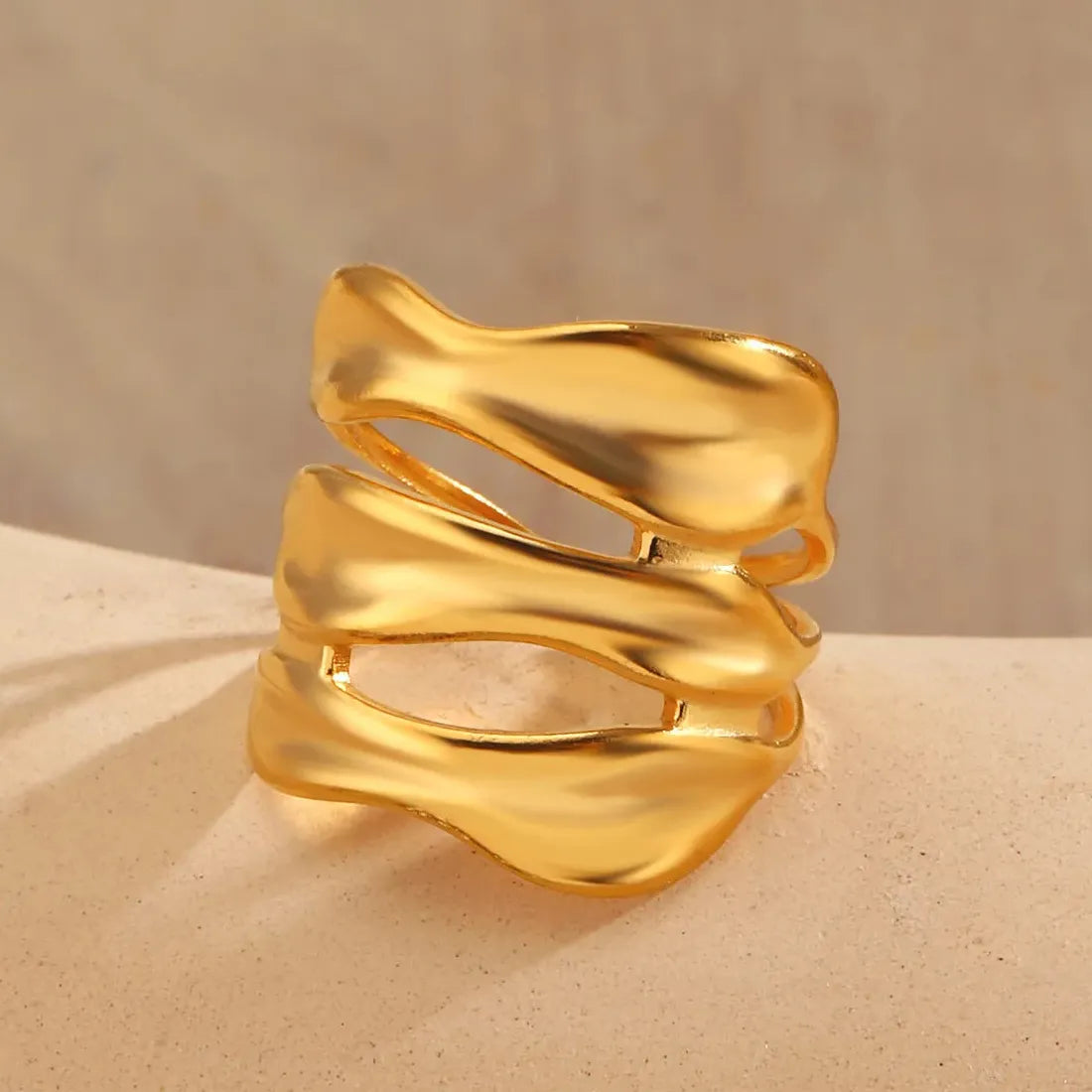 18K Gold Color Stainless Steel Double S-Shaped Waterproof Cocktail Ring for Women Men