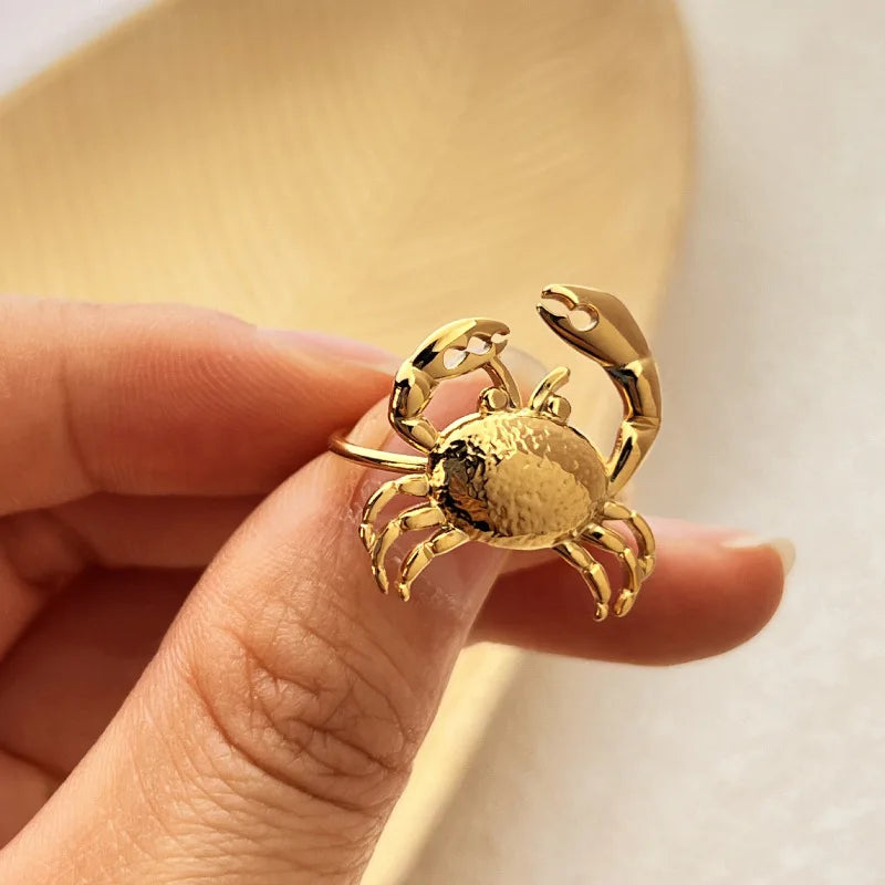 18K Gold Plated Stainless Steel Adjustable Crab Ring for Women Girls Summer Jewelry