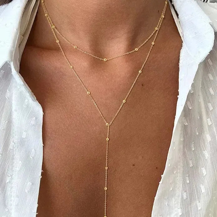 Gold Double Layer Long Chain Necklace Women Zinc Alloy Geometric Tassel