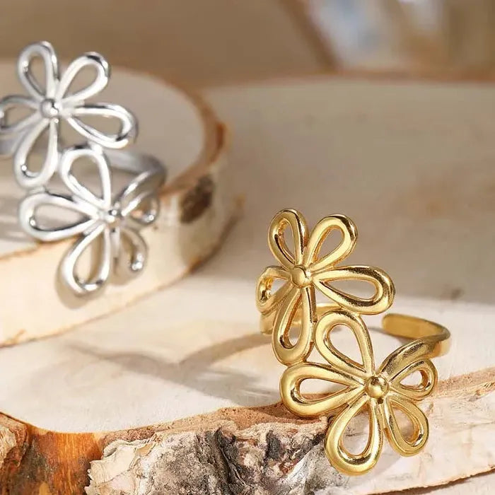 Adjustable Gold Color Stainless Steel Flower Ring Women Geometric Jewelry