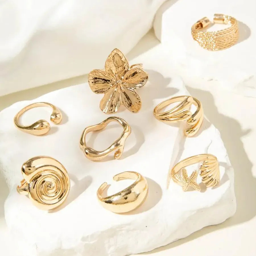 8Pcs Vintage Metal Plant Pattern Open Rings for Women Gothic Gift Jewelry