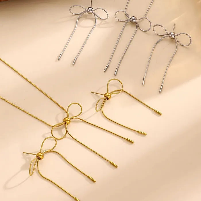 Vintage Stainless Steel Bow Earrings & Pendant Necklace Set for Women
