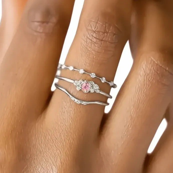Pink Cubic Zirconia Brass Engagement Wedding Ring Set Elegant 3-Piece
