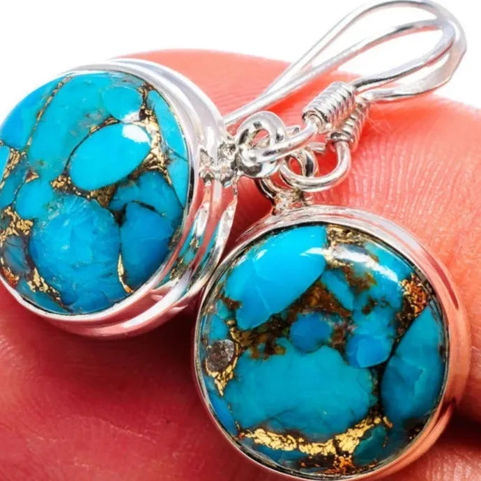 Vintage Silver Round Turquoise Stud Earrings for Women Zinc Alloy Jewelry