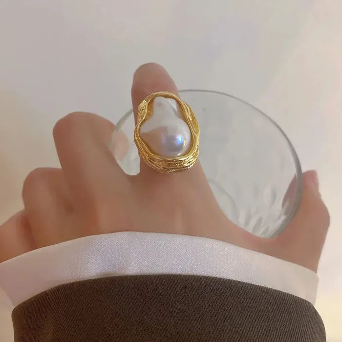 Vintage Geometrical Baroque Pearl Adjustable Ring for Women Fashion Jewelry