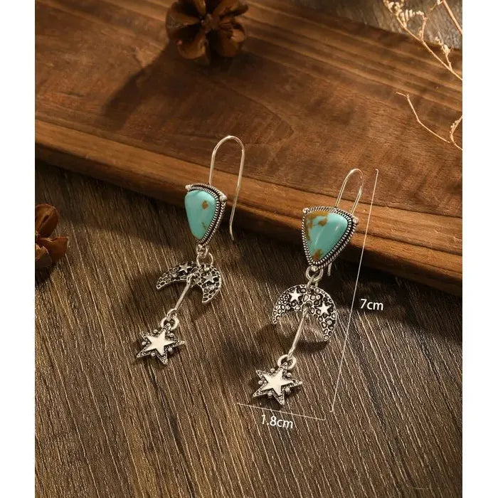 Bohemian Retro Triangle Blue Green Stone Earrings Zinc Alloy Star Moon Pendant